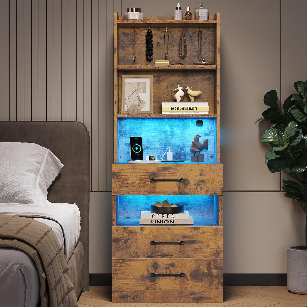 VIAGDO Tall Nightstand Set of 2 with Charging Station and LED Lights, Rustic Brown Night Stand Set 2 with Bookshelf, Modern LED Bedside Tables with 3 Drawers and Storage Shelves, Side Tables Bedroom VIAGDO