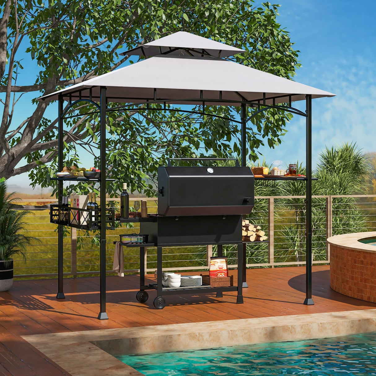 Tangkula 8x5 Ft Grill Gazebo, 2-Tier Barbecue Gazebo with 2 Shelves, 20 Hanging Hooks, Bottle Opener & Storage Basket, Outdoor Grill Canopy for Backyard Garden Poolside (Grey) Tangkula