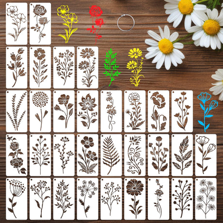 DZXCYZ 32 Pcs Wildflower Stencils for Painting on Wood, Reusable Flower Leaf Stencils Plastic DIY Craft Drawing Templates Set for Wall Paper Canvas Home Decor DZXCYZ