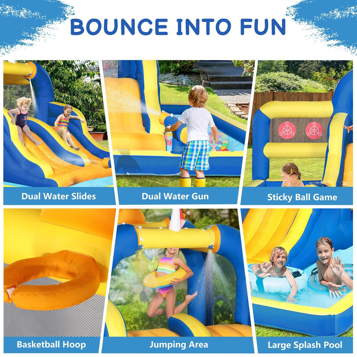 Ktaxon Inflatable Bounce House, Jumping Outdoor Air Castle Children Bouncer Double Water Slide with Air-Blower for Backyard, Park, Lawn (181" L x 181" W x 86.7" H) Ktaxon