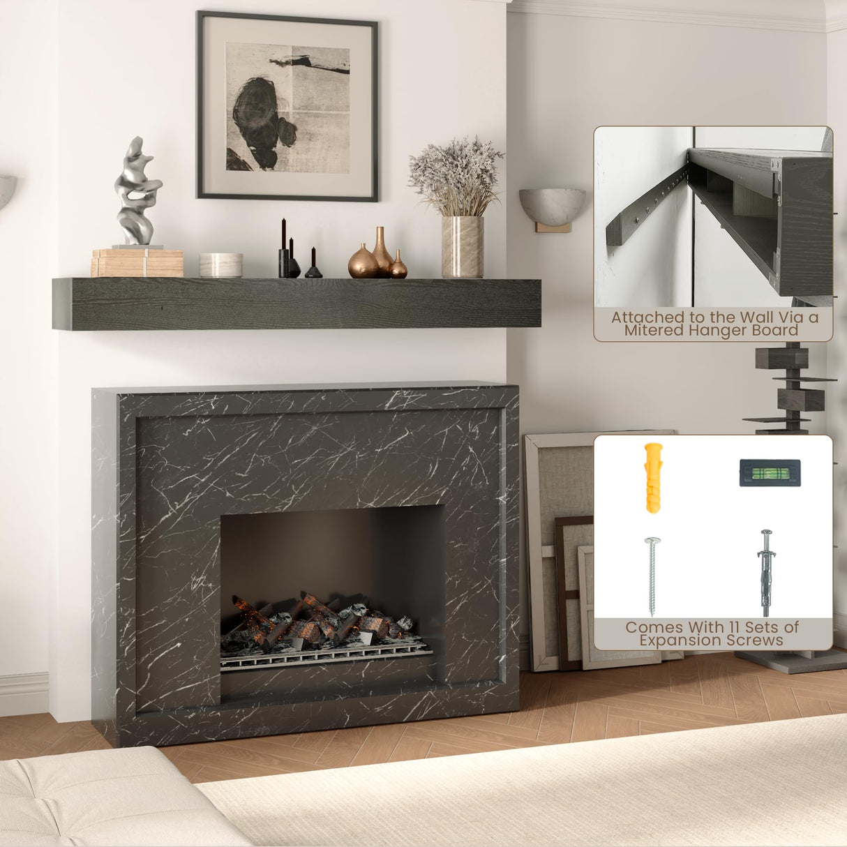 Heimlove Fireplace Mantel 60 Inch,Floating Fireplace Mantel Wood Shelf,Wall Mounted Rustic Wood Display Shelf for Home Decor,Rustic Traditional,Farmhouse Fireplace Mantel Shelves | 60"x 8"x 6" Heimlove