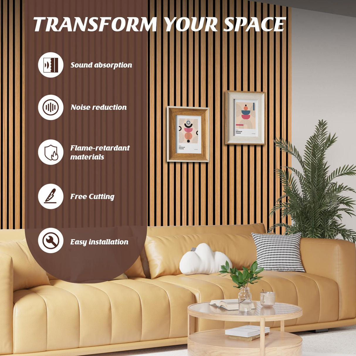 QUEENLINK Wood Slat Wall Panels, 2 Pack Acoustic Panels 47.2" × 23.8", 3D Fluted Sound Absorbing Wall Panel for Home & Office Decor, Noise Reducing Interior Wall Treatment (Oak) QUEENLINK