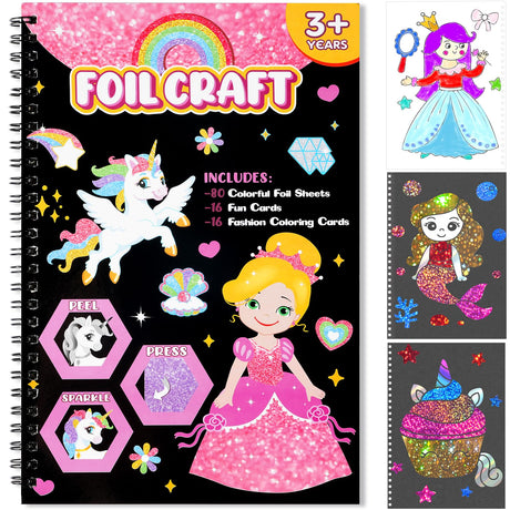 Art & Craft Activity,Foil Craft Princess DIY Fun Art Kits,No Mess Creative Foil Art Kits Set Drawing Game for Kids,Birthday Gifts Crafts Supplies Travel Toys for Girls Boys Ages 4 5 6 7 8 9 Year Old Jectivs