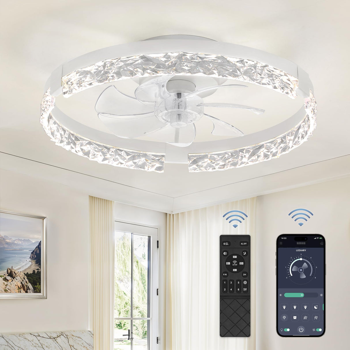 LEDIARY 20 Inch Low Profile Ceiling Fans with Lights and Remote, Fandelier Ceiling Fan Flush Mount, 3000K-6000K Dimmable LED Fan Light, White Modern Ceiling Fans with Lights for Bedroom LEDIARY