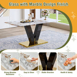 CGHIJDM 71'' Dining Table Set for 6,Modern Dining Room Table Set for 6,Marble Dining Table with 6 PU Leather Dining Chairs,Gold Dining Room Table with Glossy V-Shaped Base Ideal for Kitchen CGHIJDM