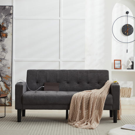 TYBOATLE 62 Inch Linen Upholstered Tufted Mid-Century Modern Loveseat Sofa w/ 2 USB Charger Ports and 2 Cupholders, Small Love Seat Couches for Living Room, Bedroom, Apartment, Dorm (Dark Grey) TYBOATLE