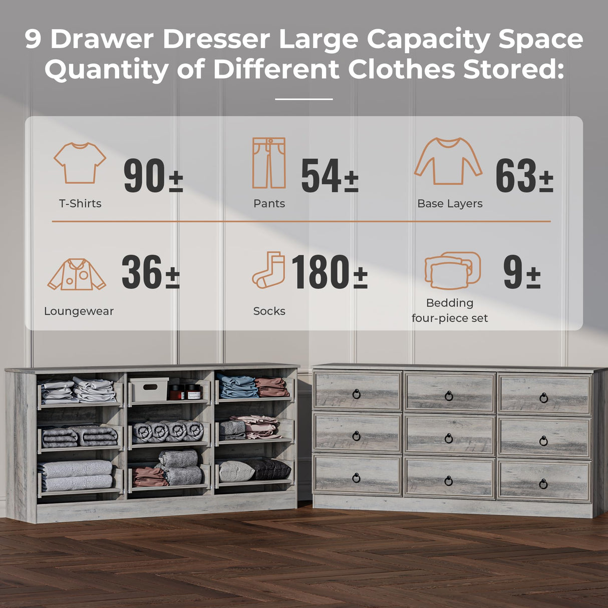 VVFLU 63”W Dresser for Bedroom Grey Dresser with 9 Wood Drawers, Dressers & Chests of Drawers with Smooth Metal Rail, Large Storage Dressers Organizer for Bedroom Living Room (Grey, 9 Drawer) VVFLU