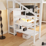 Full Size Loft Bed with LED Light & TV Table, High Loft Beds with Charging Station & Storage Bookcase, Wardrobe, Heavy-Duty Metal Lofts Frame with Stairs for Kids, Teens & Adults Dorms, White Mirightone