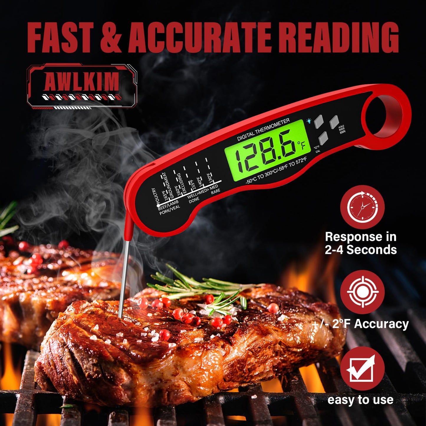 AWLKIM Digital Meat Thermometer for Cooking - Waterproof Kitchen Thermometer with Backlight and Hold, Fast Instant Read Food Thermometer, Candy Making, Outside Grill, Stocking Stuffers for Adult Men