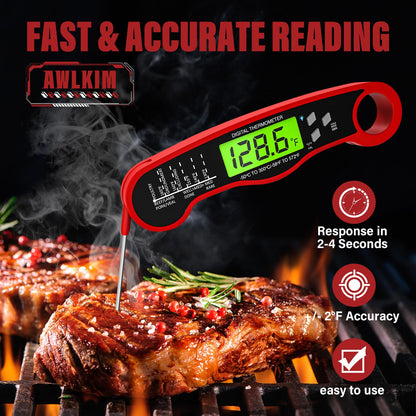 AWLKIM Digital Meat Thermometer for Cooking - Waterproof Kitchen Thermometer with Backlight and Hold, Fast Instant Read Food Thermometer, Candy Making, Outside Grill, Stocking Stuffers for Adult Men