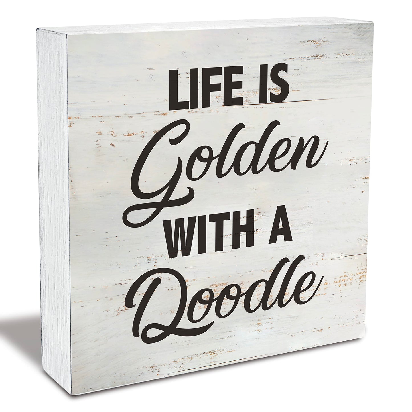 MAVOTEN Dog Quote Life is Golden with a Doodle Wood Box Sign Rusitc Pet Wooden Box Sign Farmhouse Home Living Room Desk Shelf Decor (5 X 5 Inch)