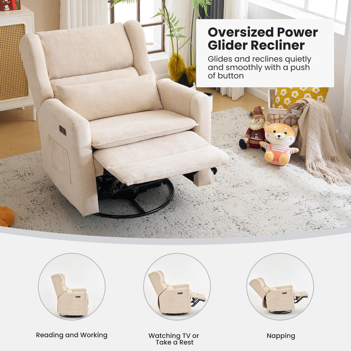 RUTOX Oversized Swivel Rocker Recliner with Adjustable Headrest, 26" Extra Wide Glider Recliner Nursery Chair with Double Cushion, Chenille Glider Rocking Chair for Living Room,Cup Holder,Beige RUTOX