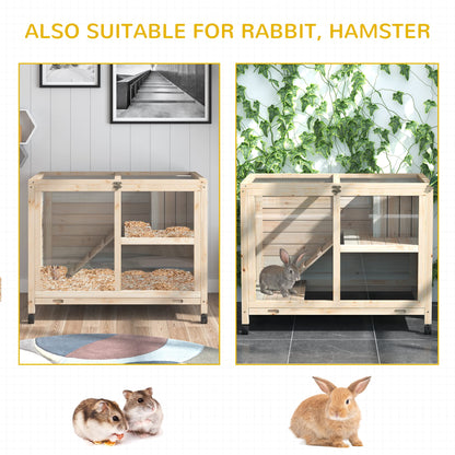 PawHut Indoor Rabbit Hutch with Wheels, Desk and Side Table Sized, Wood Rabbit Cage, Waterproof Small Rabbit Cage, Natural - WoodArtSupply