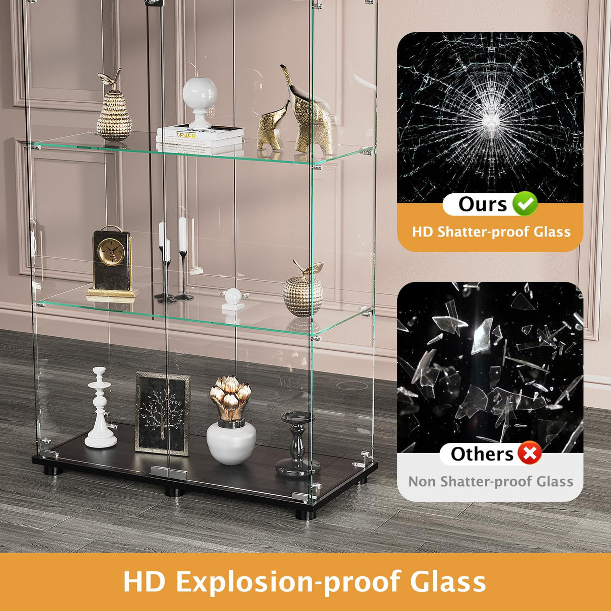 ROOMTEC Glass Display Cabinet with 4 Shelves, Double Doors, Floor Standing Display Cage, for Living Room Bedroom Office, 64 x 31.7 x 14.3 in, Black ROOMTEC