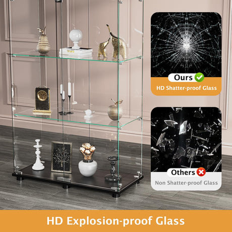 ROOMTEC Glass Display Cabinet with 4 Shelves, Double Doors, Floor Standing Display Cage, for Living Room Bedroom Office, 64 x 31.7 x 14.3 in, Black ROOMTEC