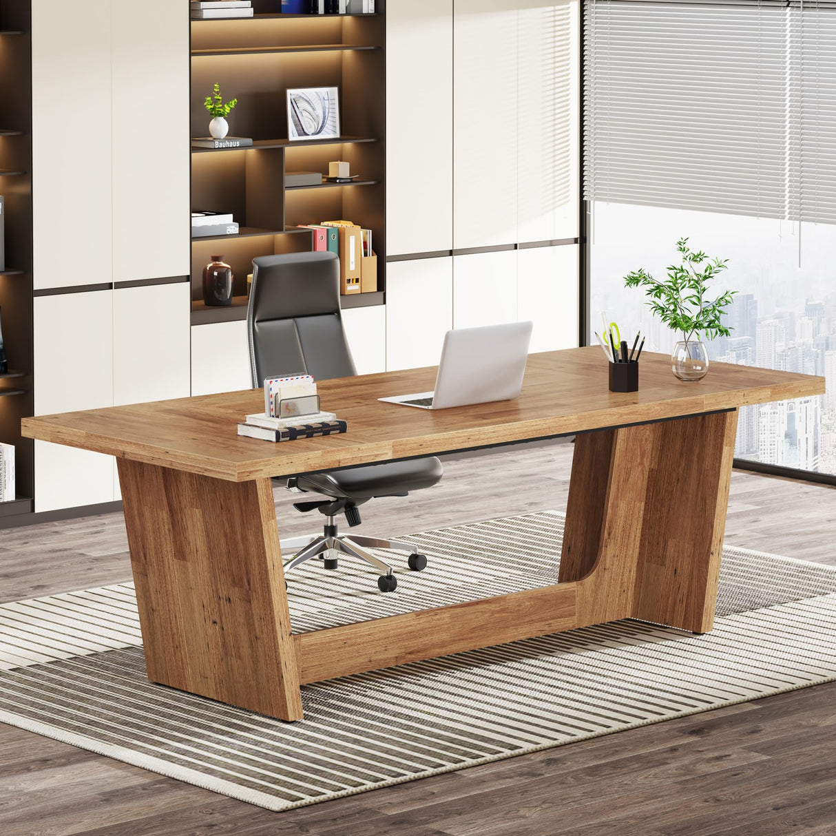 Tribesigns 70.87-Inch Executive Computer Desk: Large Home Office Desk with Solid Wooden Pedestal, Industrial Wood Study Writing Table, Workstation Business Furniture, Walnut Tribesigns
