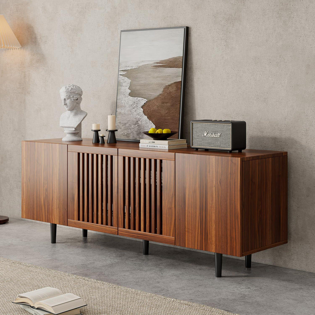 ROMMAK Boho TV Stand for 55-65 Inch TV, 4 Doors, Entertainment Center with Adjustable Shelf, TV Console with 4 Cabinets, Media Console, Solid Wood Feet, Cord Holes for Living Room, Bedroom, Walnut ROMMAK