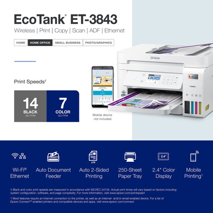 Epson EcoTank ET-3843 Wireless Color All-in-One Cartridge-Free Supertank Printer with Scanner, Copier, ADF and Ethernet-for The Ultimate Home Office, White