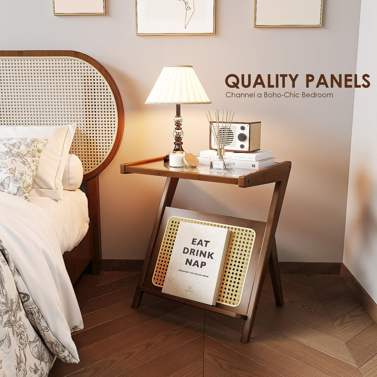 Bamworld Rattan Side Table Boho NightStand Mid Century Modern End Table Glass Bedside Table Small End Tables Bamboo Coffee Table with Storage Record Player Stand for Living Room Bedroom Bamworld