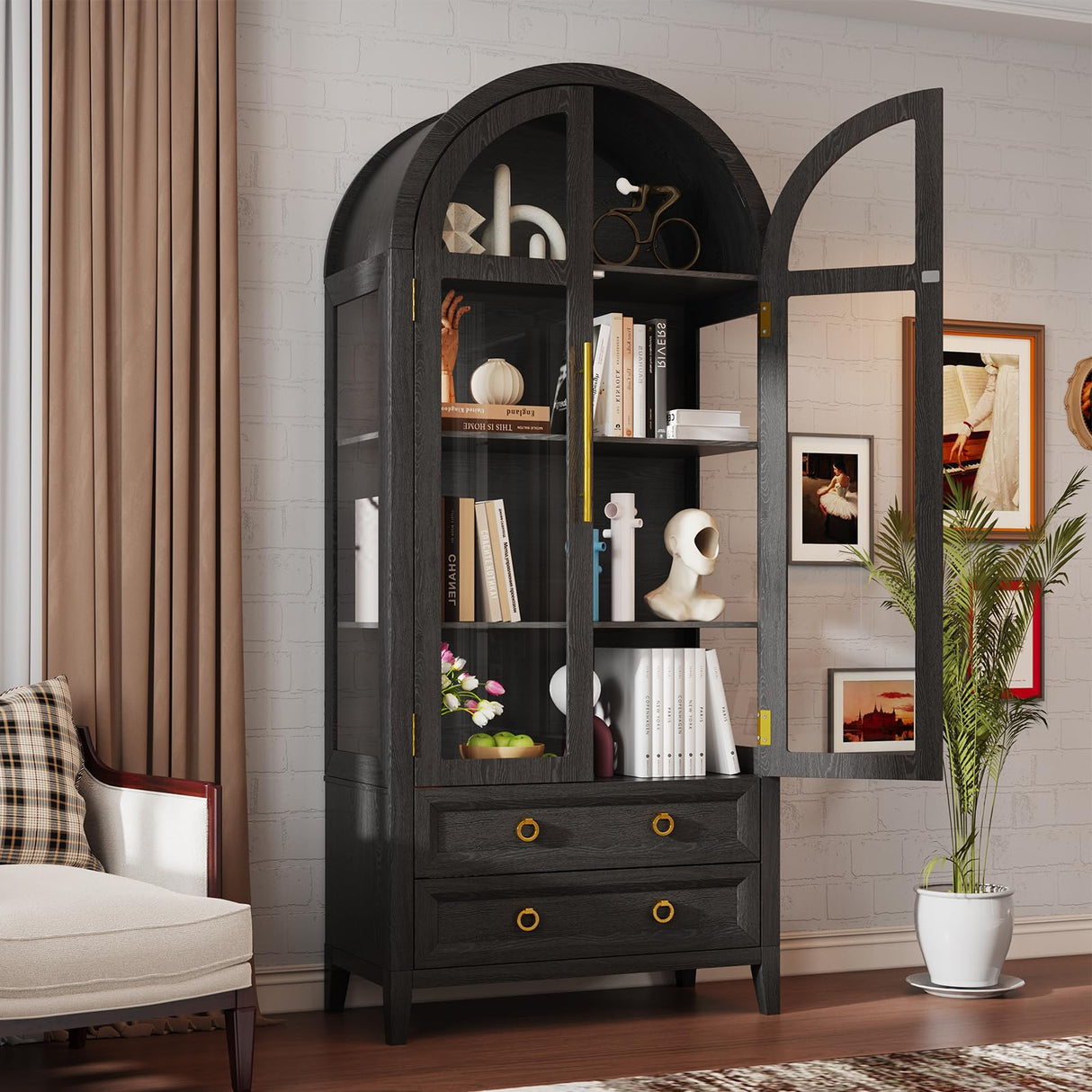 EOAWE Arched Curio Cabinet with Glass Doors, 4-Tier Display Cabinet with 2 Drawers, Tall Bookcase with 3 Color Lights, Display Case, Kitchen Pantry (Black) EOAWE