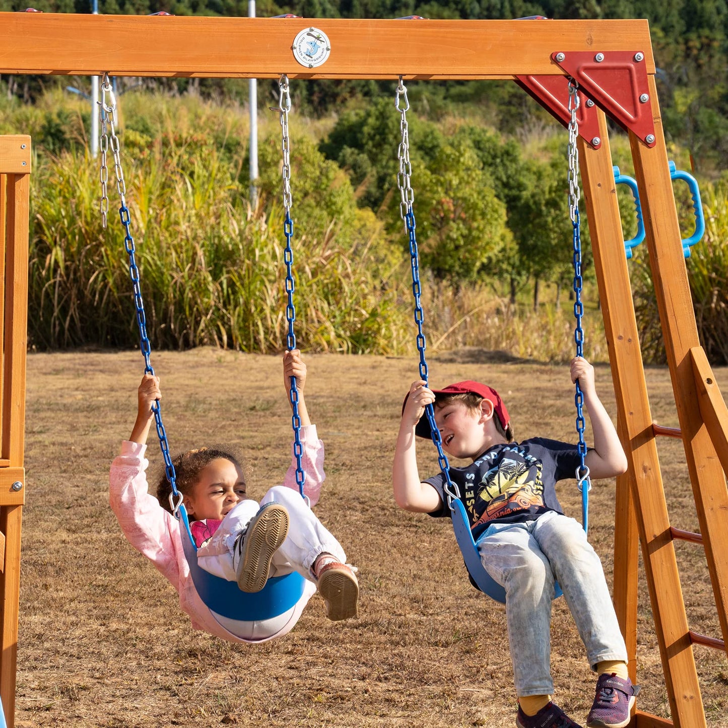 Dolphin Playground Wooden Swing Sets for Backyard with Monkey Bar, Outdoor Playset for Kids with 2 in 1 Outdoor Table, Wave Slide, Climbing Wall, and 2 Belt Swings, Heavy Duty Playground Acce - WoodArtSupply