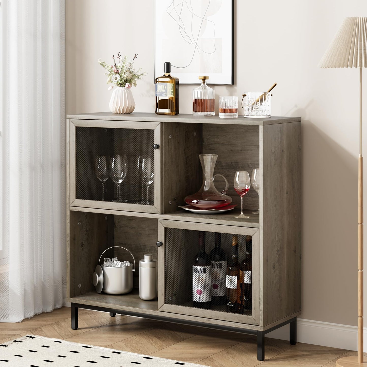 Farmhouse Grey Coffee Bar Cabinet with Sliding Doors & Ample Storage - WoodArtSupply