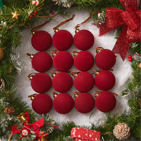 Brightown 15 Pcs Red Velvet Christmas Balls, 3.15 Inch Velvet Ornaments for Christmas Tree, Christma Tree Flocked Ornaments Balls for Family Holiday Wedding Party Xmas Hanging Decoration Brightown