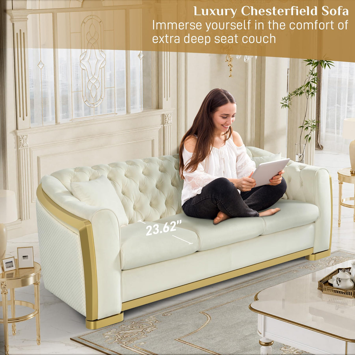 Nolohoo Luxury Velvet Chesterfield Sofa for Living Room, Comfy Mid Century Modern Victorian Couch Curved 3 Seater Deep Seat Couches Tufted Sofas with Gold Legs for Apartment, Cream White Nolohoo