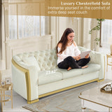 Nolohoo Luxury Velvet Chesterfield Sofa for Living Room, Comfy Mid Century Modern Victorian Couch Curved 3 Seater Deep Seat Couches Tufted Sofas with Gold Legs for Apartment, Cream White Nolohoo