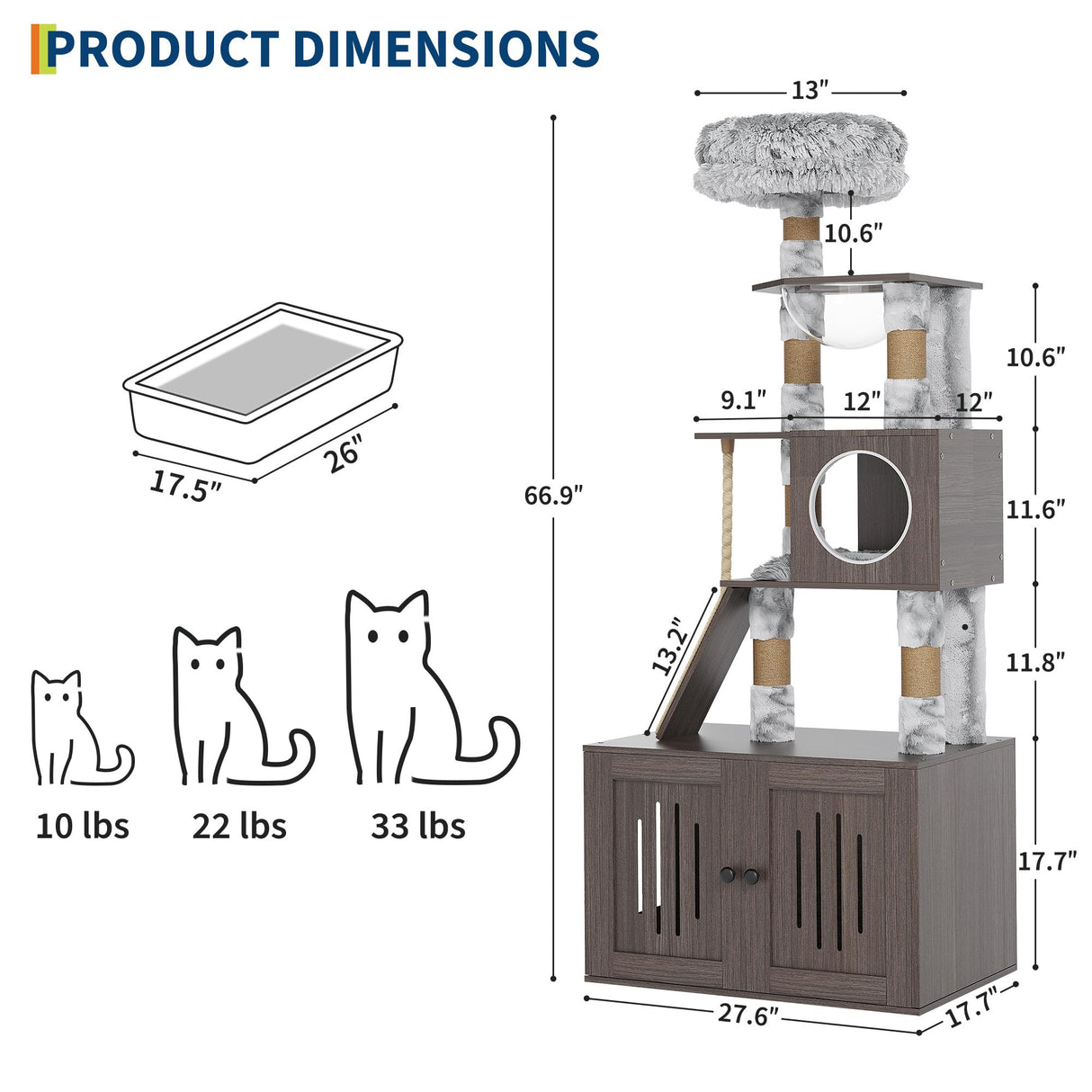 Cat Tree with Litter Box Enclosure, 2-in-1 Cat Tower, 66.9-Inch Tall Cat Condo with Scratching Posts, Perch (Grey) GarveeLife
