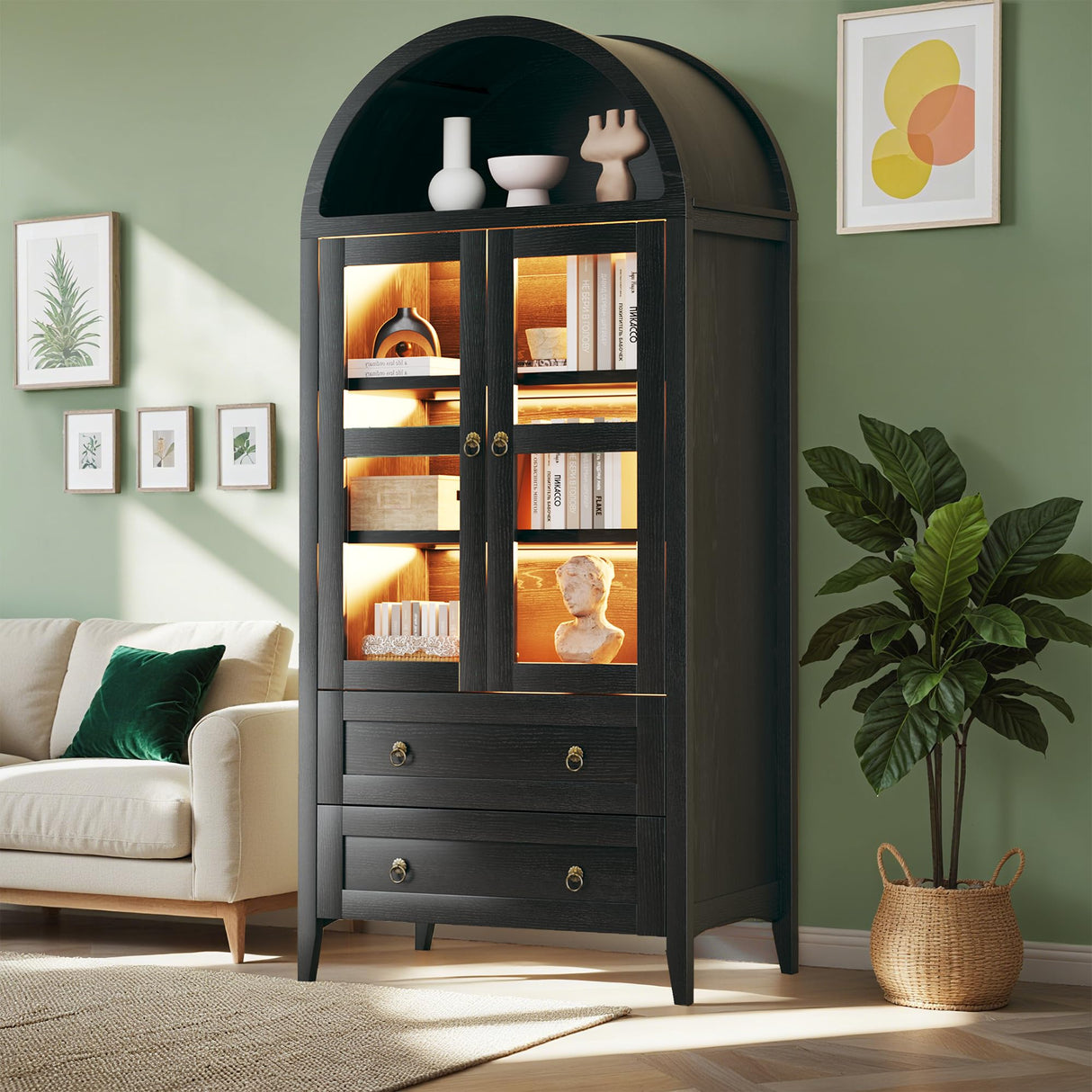 71" Tall Arched Kitchen Pantry, Pantry Cabinet with LED Lights, Kitchen Storage Cabinets with 2 Large Drawers & Adjustable Shelves & Glass Door for Living Room, Dining Room, Black LIMGLIM