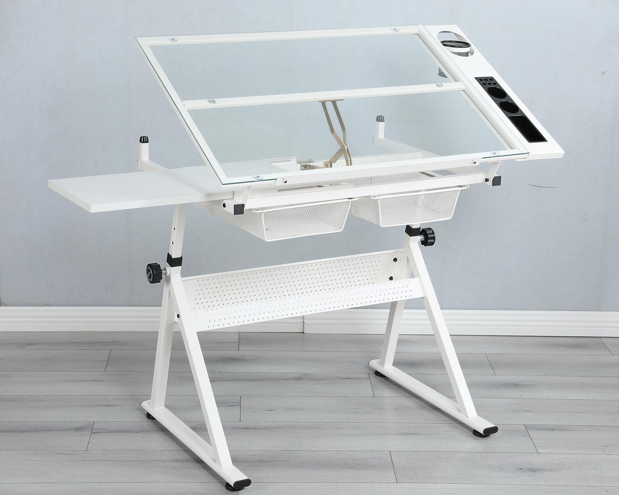 ALYIAMXL Drafting Table w/Stool, Painting Table Art Craft Desk Crafting Table with Tilting Tempered Glass Top, 2 Storage Drawers, Height Adjustable (White) ALYIAMXL