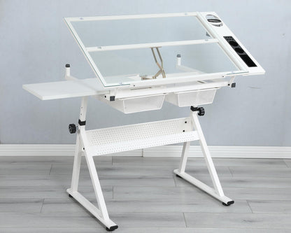 ALYIAMXL Drafting Table w/Stool, Painting Table Art Craft Desk Crafting Table with Tilting Tempered Glass Top, 2 Storage Drawers, Height Adjustable (White)