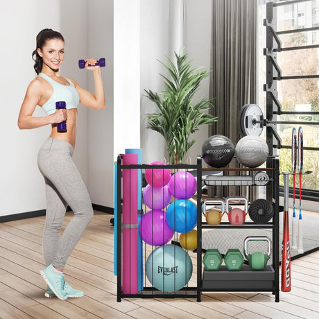 Homsorout Garage Sports Equipment Organizer, Ball Storage for Gear and Toys, Large Capacity, Sports Organizer for Garage with Hooks and Baskets, for golf, Football, Soccer Ball, Bat Homsorout