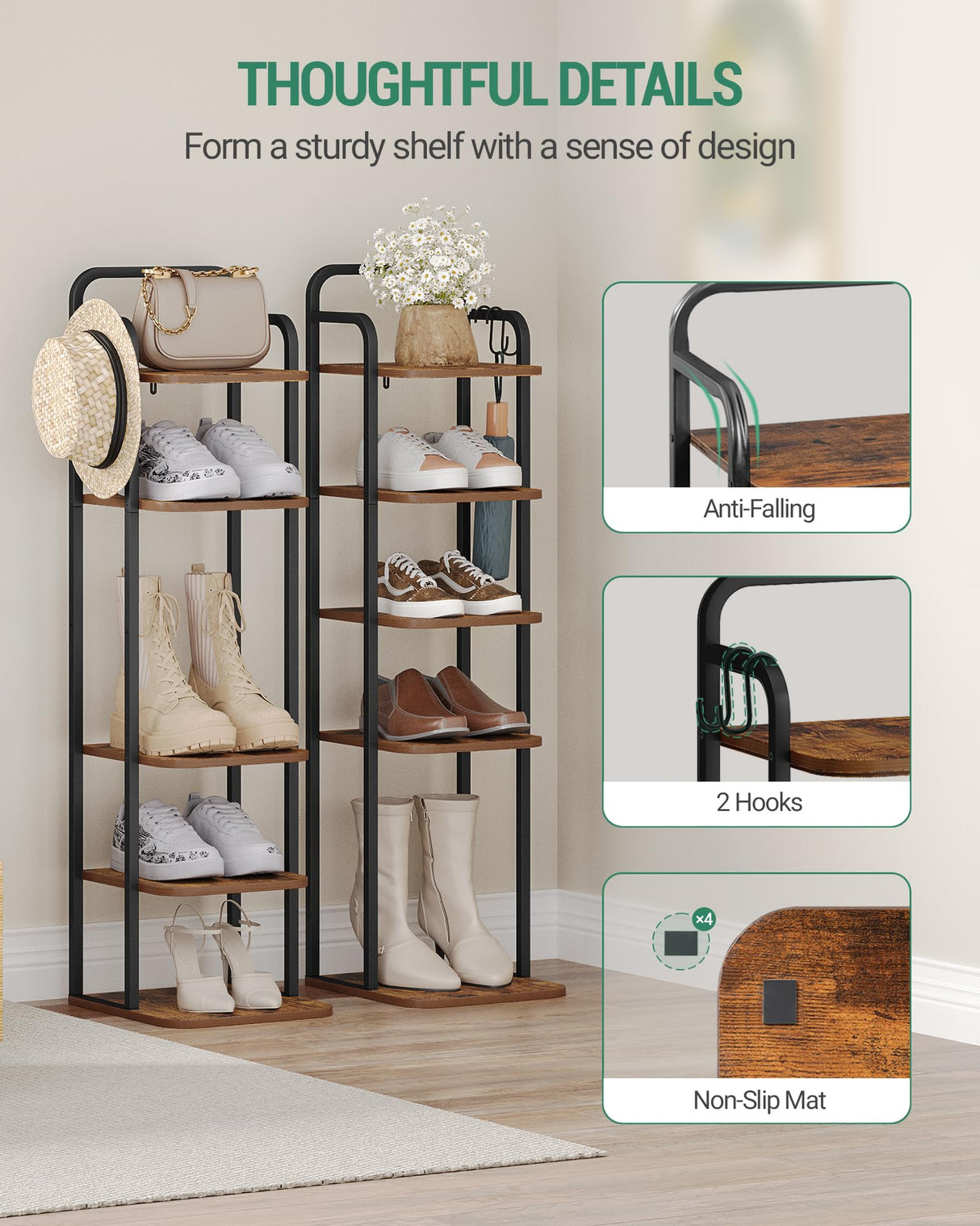 Hzuaneri 6 Tiers Vertical Shoe Rack, Narrow Shoe Tower, Tall Shoes Shelf with 2 Hooks, Adjustable Shelves, Corner Shoes Shelves for Small Spaces, Entryway, Living Room, Rustic Brown SR04201B Hzuaneri