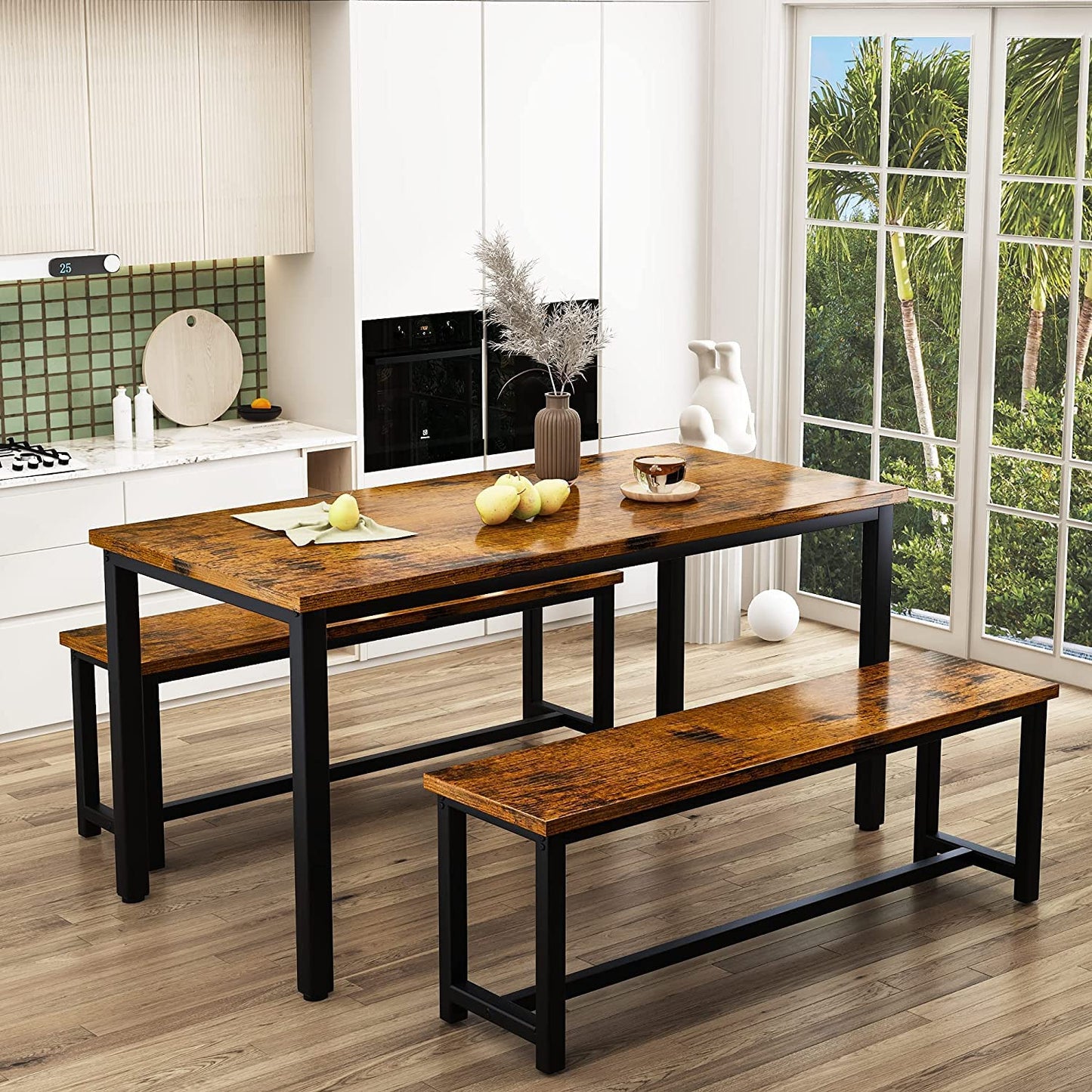 LinkRomat Dining Room Table Set with 2 Benches, Farmhouse Dining Table Set for 4-6, Wood Breakfast Table Set Dinner Table Set Kitchen Table and Chairs for Breakfast Nook Small Spaces, Brown