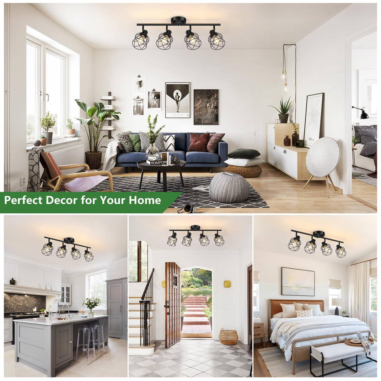 Baocuz 4-Lights Semi Flush Mount Ceiling Light, Adjustable Multi-Directional Light Fixtures, Rotatable Farmhouse Light Fixtures Mount with Metal Cage for Dining Room, Living Room Baocuz