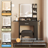 Vabches Makeup Vanity with Mirror and Lights, Small Vanity Desk with with Drawer Lots Storage, Vanity Set with Storage Drawer, Chair and Three Shelves, Black Vabches