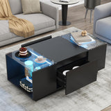 Merax Led Coffee Table with Open Storage Compartment and 2 Hidden Drawers, Modern Center Table with High-Gloss Finish and Glass Tabletop for Living Room, Black Merax