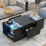 Black 2-Tier Rectangular Table with Tempered Glass Top and Drawers, LED Coffee Table with Storage, Modern High Gloss Black Coffee Table RuiSiSi