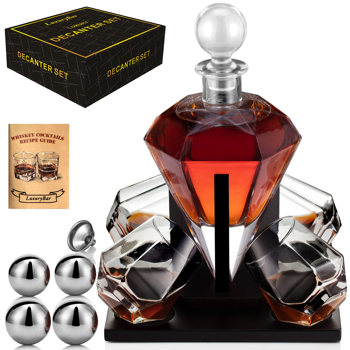 LuxuryBar Diamond Whiskey Decanter Sets for Men with ChillBall &Tray,Whiskey Decanter Set Liquor Dispenser Bourbon Decanter Whiskey Set Gifts for Men LuxuryBar