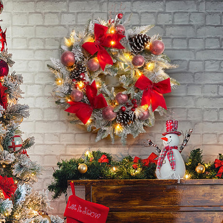 24" Pre-Lit Christmas Wreath for Front Door, Artificial Christmas Wreath with Bow Ribbon, Pinecones, Berries and Ball Ornaments, Battery Operated 30 Led Lights Xmas Wreath for Home Decor GarveeHome