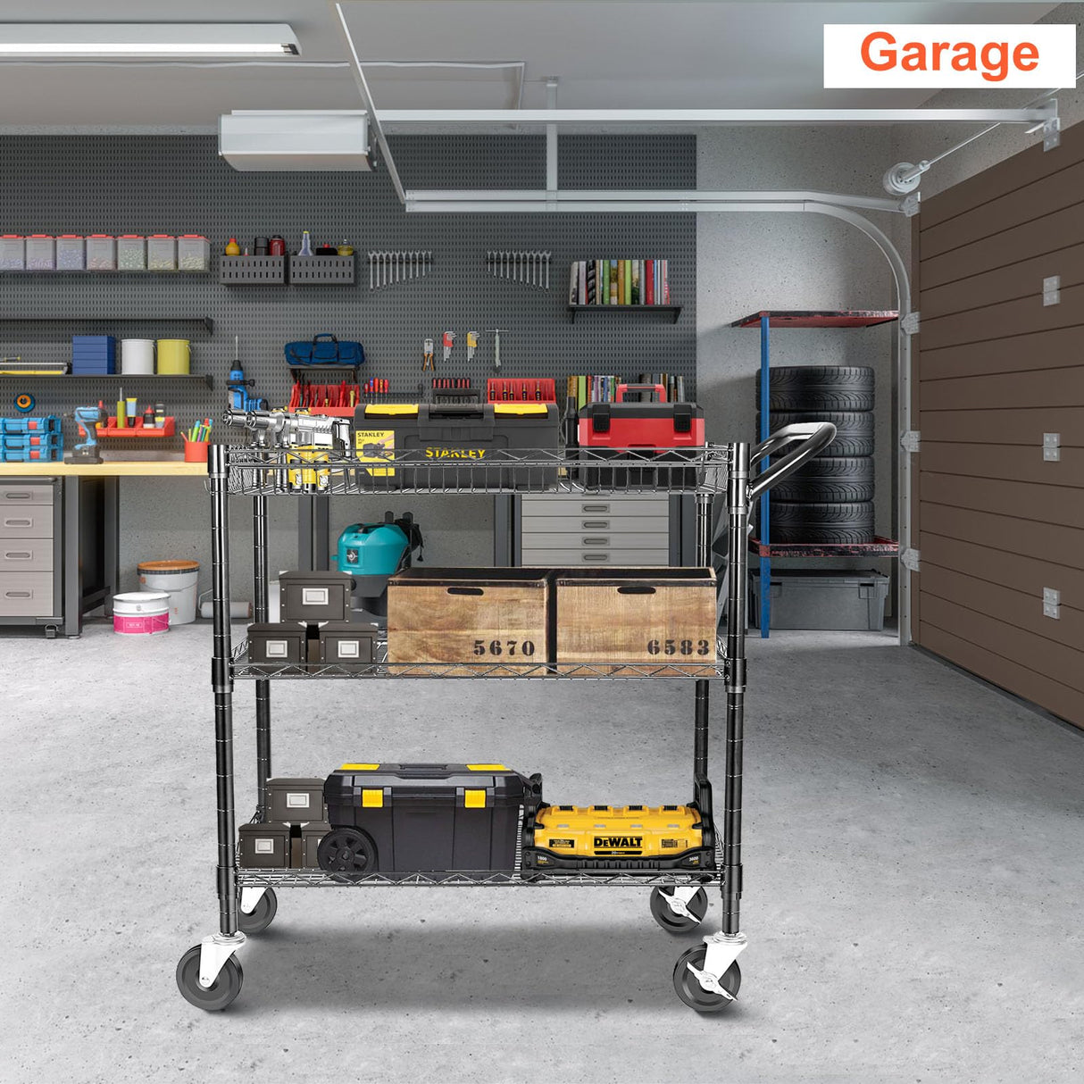 BolDuck Heavy Duty Utility Cart on Wheels,990Lbs Capacity 3 Tier Rolling Carts with Wheels,Kitchen Cart on Wheels with Storage,Commercial Grade Metal Serving Cart with Wire Shelving &Handle Bar,Black BolDuck