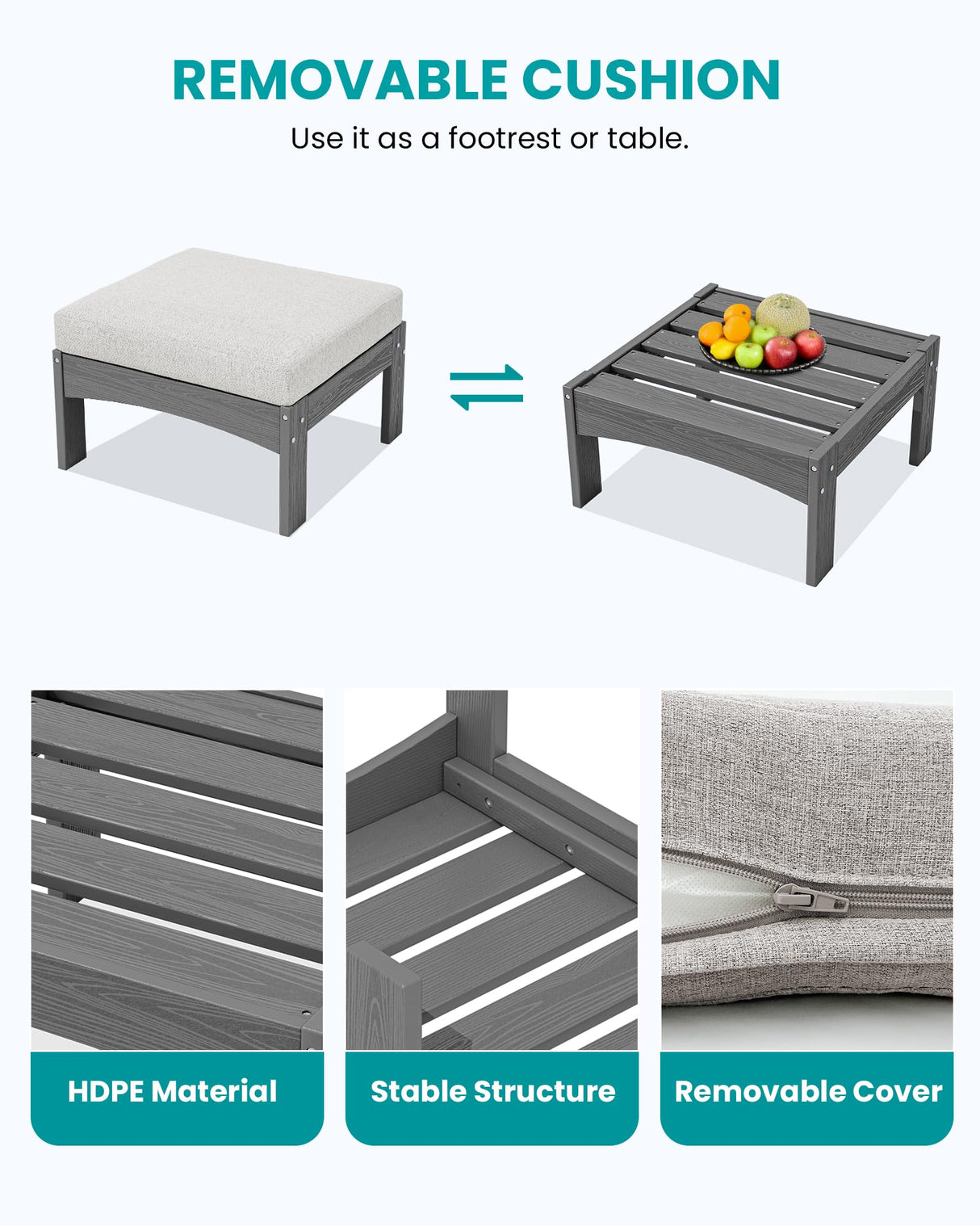 SERWALL 2 Pieces Patio Sofas, HDPE Outdoor Conversation Set with Cushions and Ottoman, Modular Sectional Patio Furniture for Backyard, Deck, Garden, Poolside, Grey Frame with Khaki Cushion SERWALL