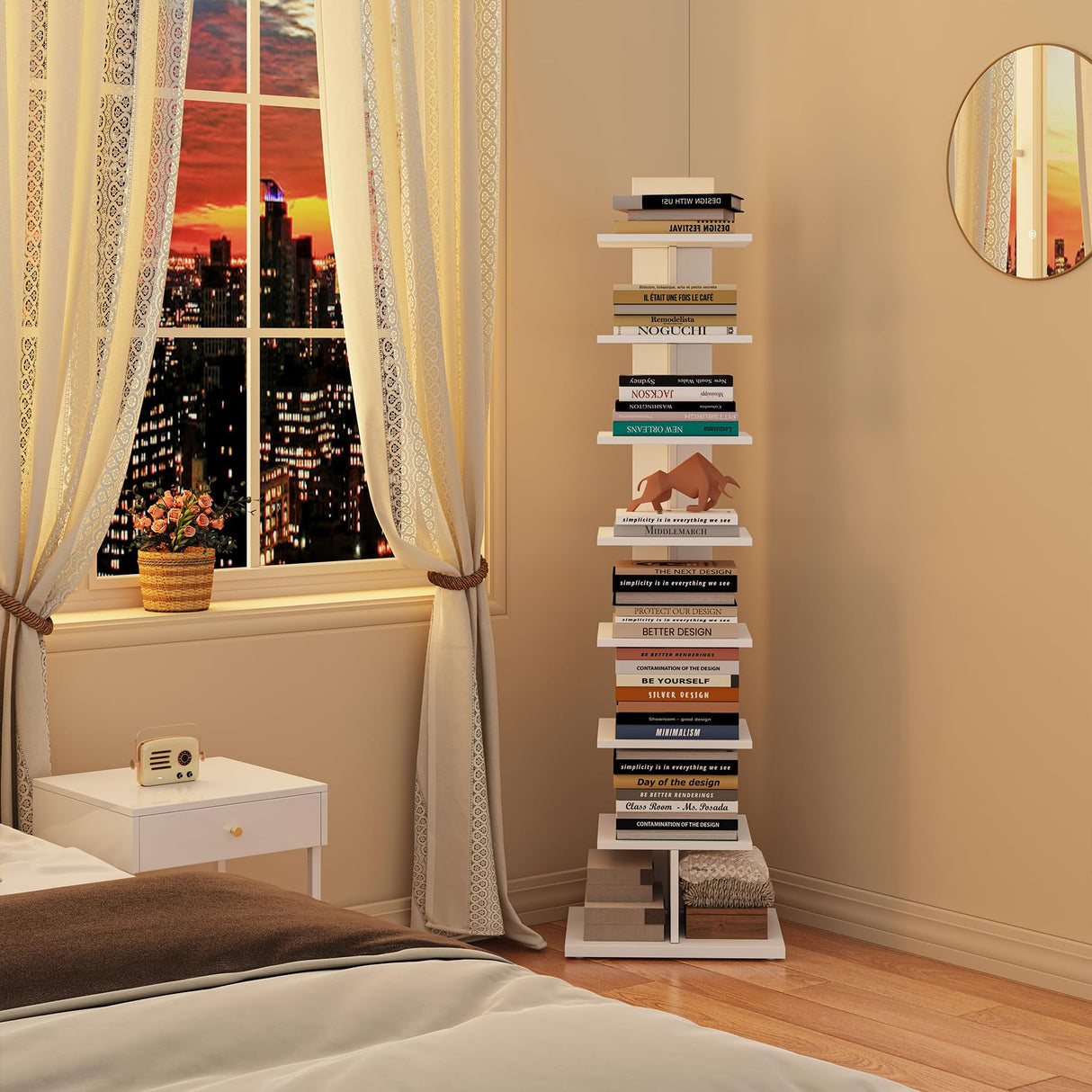 TUTOTAK Vertical Bookshelf, 8-Tier Bookcase, Narrow Spine Book Shelf for Small Space, Corner Standing Shelf for Living Room, Office, Study, Entryway, White BS06BW008 TUTOTAK