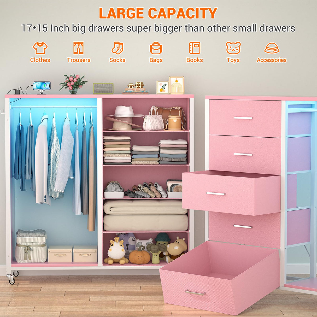 Cyclysio Dresser for Bedroom with Clothes Rack & Mirror, Pink 5 Drawers Dresser with Charging Station & LED Lights, Rolling Chest of Drawers with Wheels, Full Length Mirror, Wooden Top,Bedroom,Closet Cyclysio