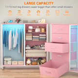 Cyclysio Dresser for Bedroom with Clothes Rack & Mirror, Pink 5 Drawers Dresser with Charging Station & LED Lights, Rolling Chest of Drawers with Wheels, Full Length Mirror, Wooden Top,Bedroom,Closet Cyclysio
