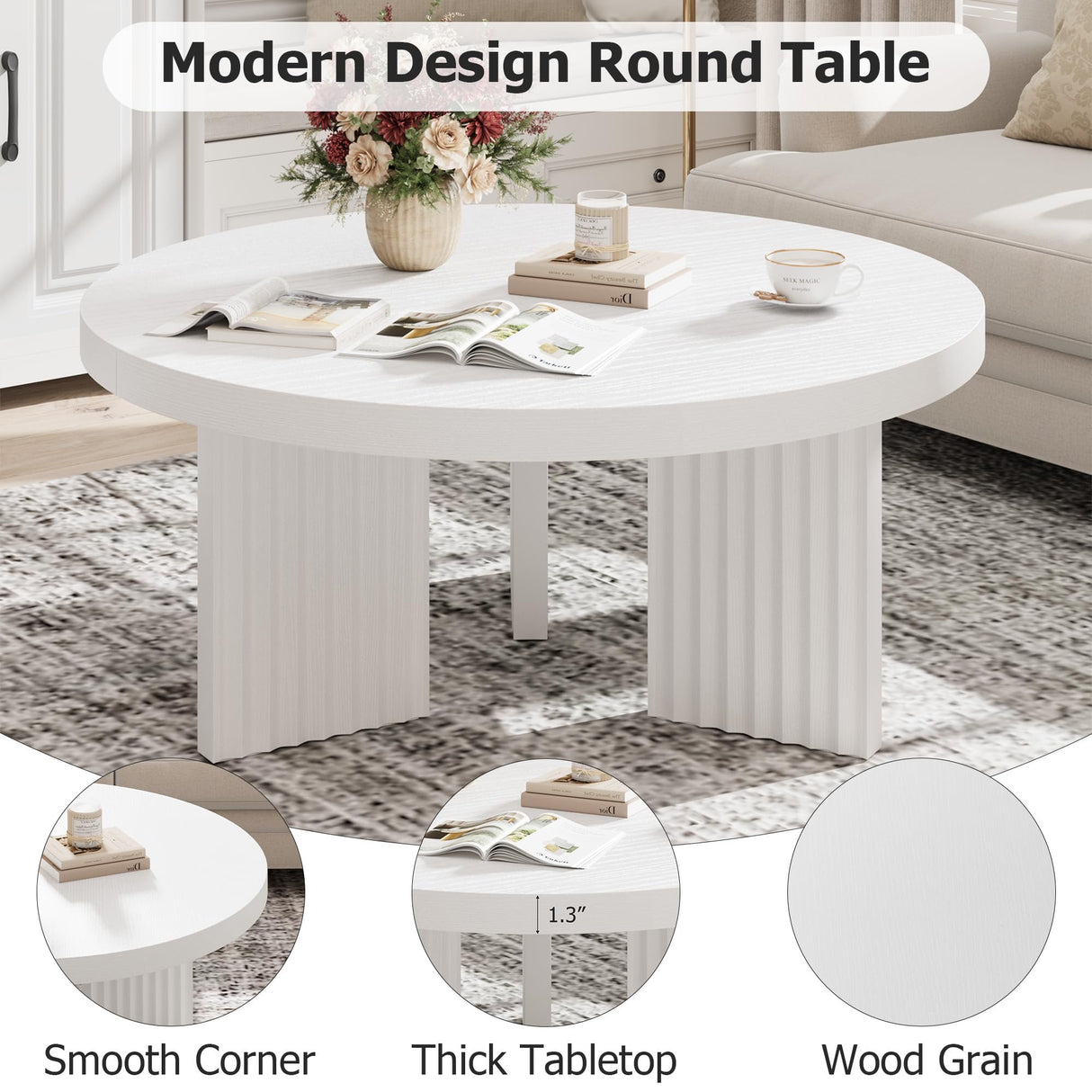 GarveeHome Round Coffee Table, Farmhouse Small Wooden Coffee Table with 3 Strong Legs, Easy Assembly, 33.5'' x 15.7'', White GarveeHome