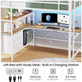 DICTAC Full Size Loft Bed with L-Shaped Desk, LED Lights and Charging Station Full Metal Loft Bed Frame with 3 Storage Shelves & 3 Fabric Drawers,Loft Beds with Top Bunk -Safety Guard & Ladder,White DICTAC