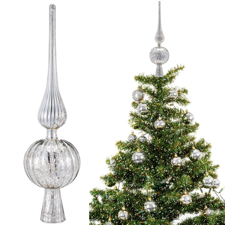 Gejoy Mercury Glass Finial Christmas Tree Topper 12 Inches Vintage Spherical Xmas Tree Topper Mid Century Christmas Ornament for Home Xmas Holiday Party Decorations(Sliver) Gejoy
